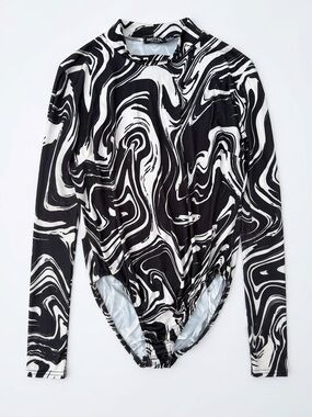 Nasty Gal Black & White Marble-Print Long Sleeve Bodysuit